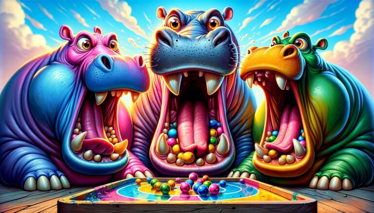 DALL·E 2024 02 05 11.33.30 An interpretation of the game Hungry Hippos with a focus on the hippos appearing more hungry than cute. The hippos in colors like pink blue yellow.webp