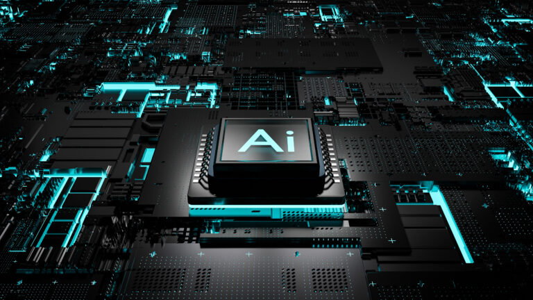 a digital render of a black chip inscribed with ai sitting on a circuit board