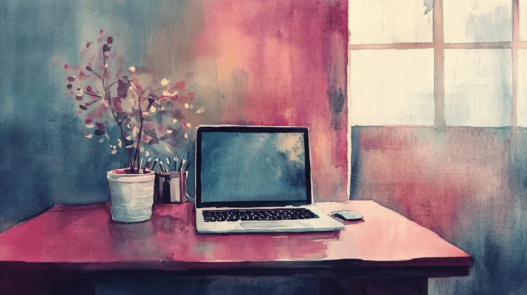 nuneybits Watercolor painting of a workdesk laptop on the workd ae577e8b f5d9 49c7 90cd 92c3486860c5