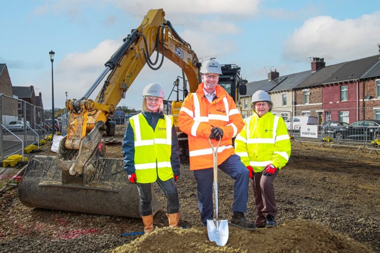 1729061786 neil kennedy centre with zoey hawthorne left and cllr ruth berkley right at the groundbreaking of hebburn extra care 2