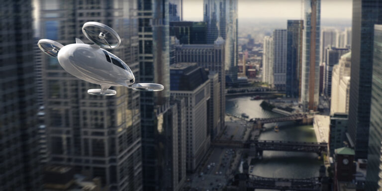 rendering of an unmanned aircraft flying above a city