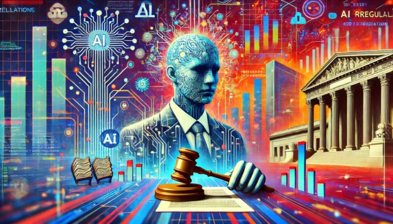 DALL·E 2024 11 26 15.37.14 An image symbolizing AI regulation and the current chaotic state of oversight. The scene includes visual elements representing artificial intelligence