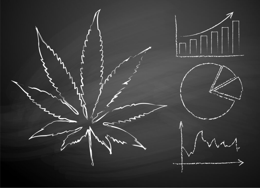 chalboard drawings of a marijuana leaf with accompanying stock bar and pie charts