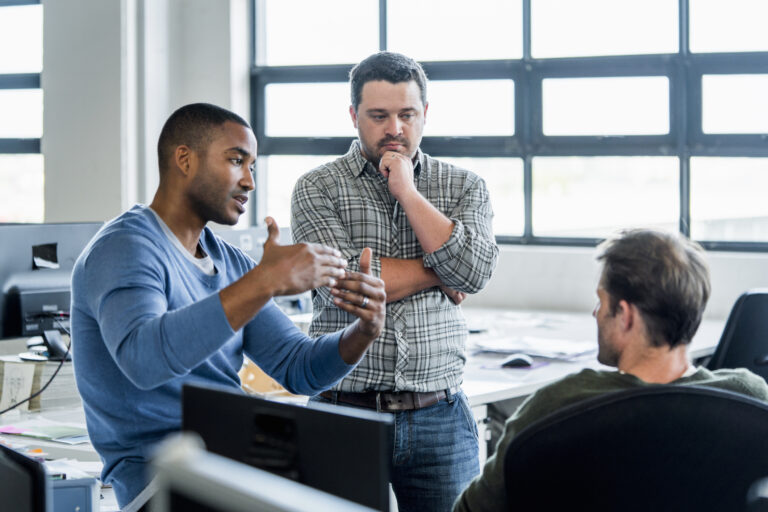 22 01 17 three people in an informal meeting in an office gettyimages 628505836