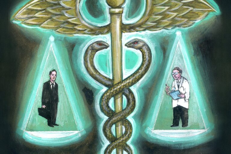 health insurance agent and doctor on scales