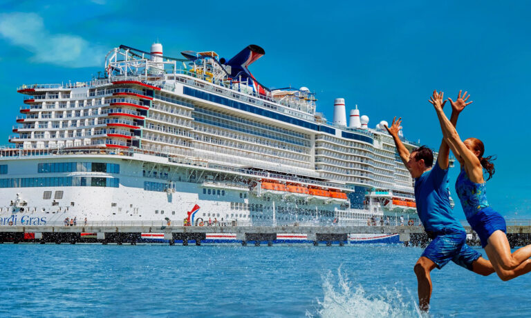 two people jumping in to water in front of carnival cruise line ship carnival cruise lines ccl