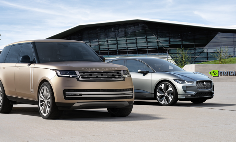 range rover and jaguar cars in front of nvidia headquarters