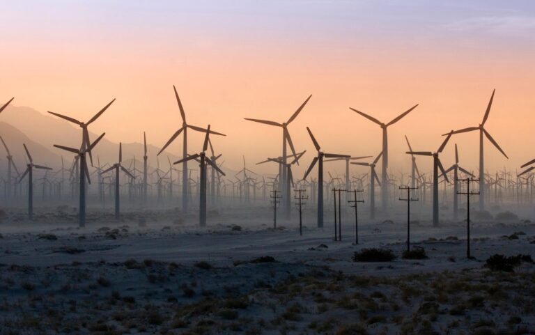 Wind turbines at dusk