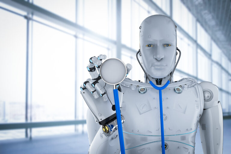 humanoid robot holds a stethoscope