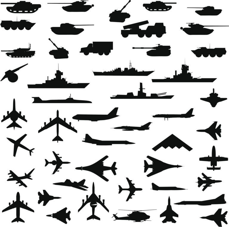 military silhouettes of tanks warships and military aircraft